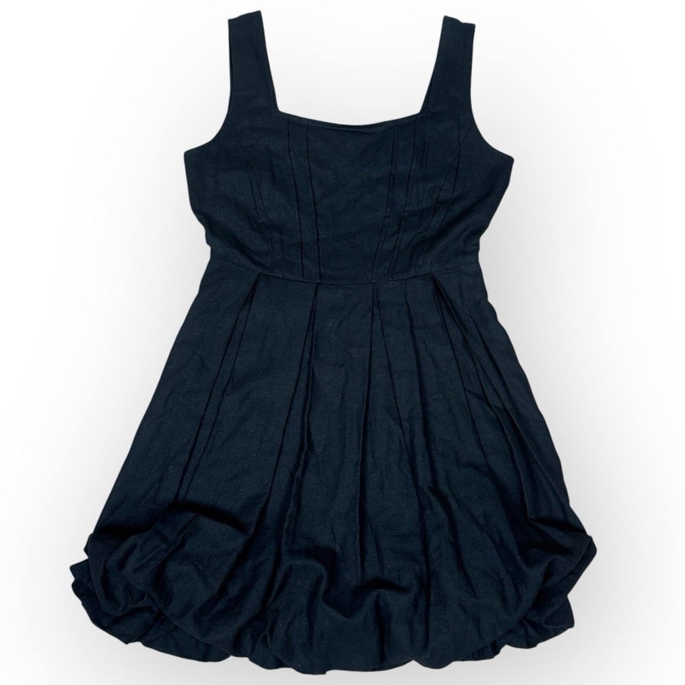 Cynthia Rowley Black Linen Blend Bubble Hem‎ Dress Square Neck Fit Flare Small
